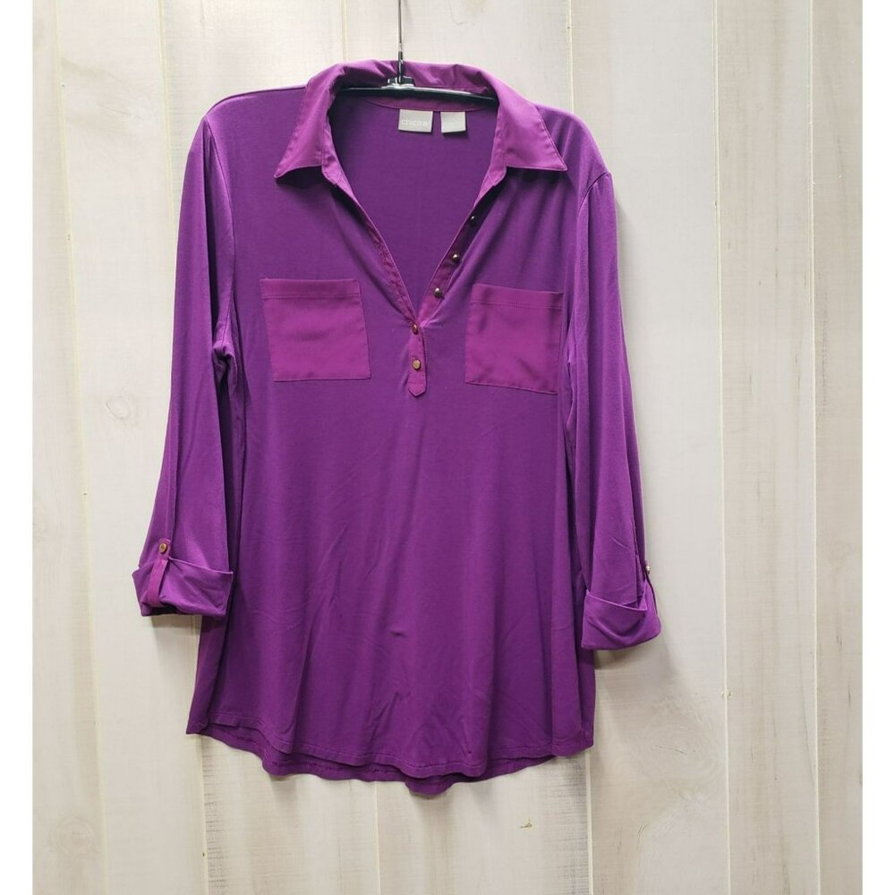 Chicos Purple Tunic Blouse 3/4 sleeve, 1/4 button placket, pockets, Sz 1 Medium